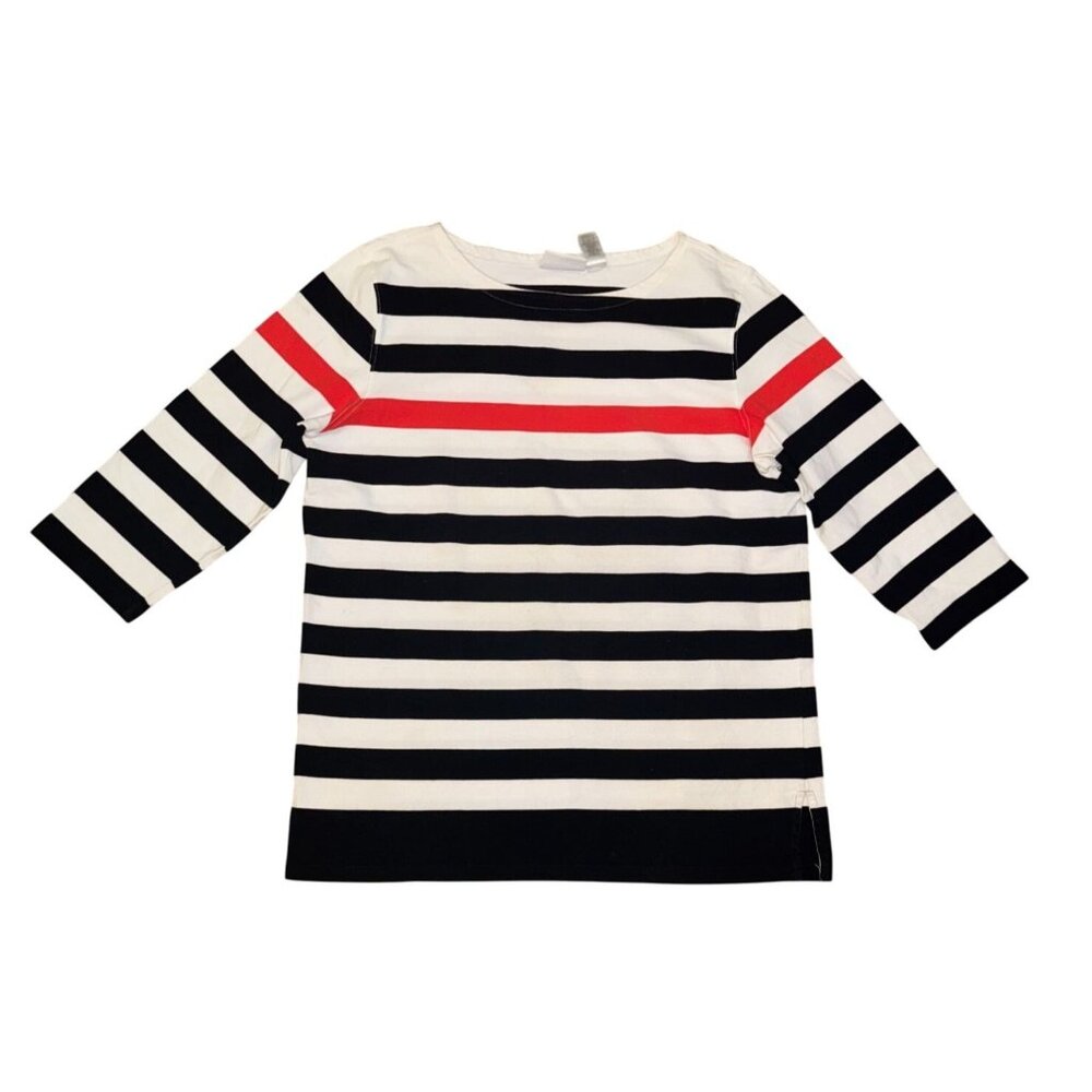 Liz Claiborne Womens Striped Long Sleeve Cotton Top Black White Red Size L